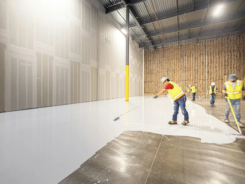 Crew rolling out a white floor coating on a large concrete slab